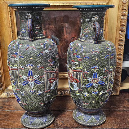 Large Antique Pair Of C 1890 Japanese Edo Period Satsuma Moriage Vases