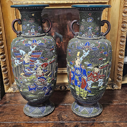 Large Antique Pair Of C 1890 Japanese Edo Period Satsuma Moriage Vases