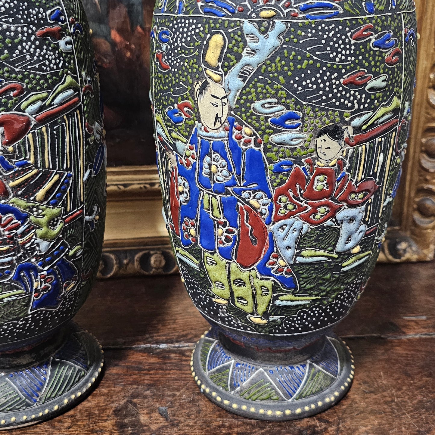 Large Antique Pair Of C 1890 Japanese Edo Period Satsuma Moriage Vases