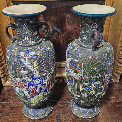 Large Antique Pair Of C 1890 Japanese Edo Period Satsuma Moriage Vases