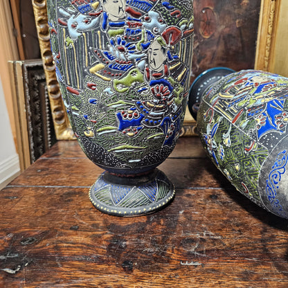 Large Antique Pair Of C 1890 Japanese Edo Period Satsuma Moriage Vases