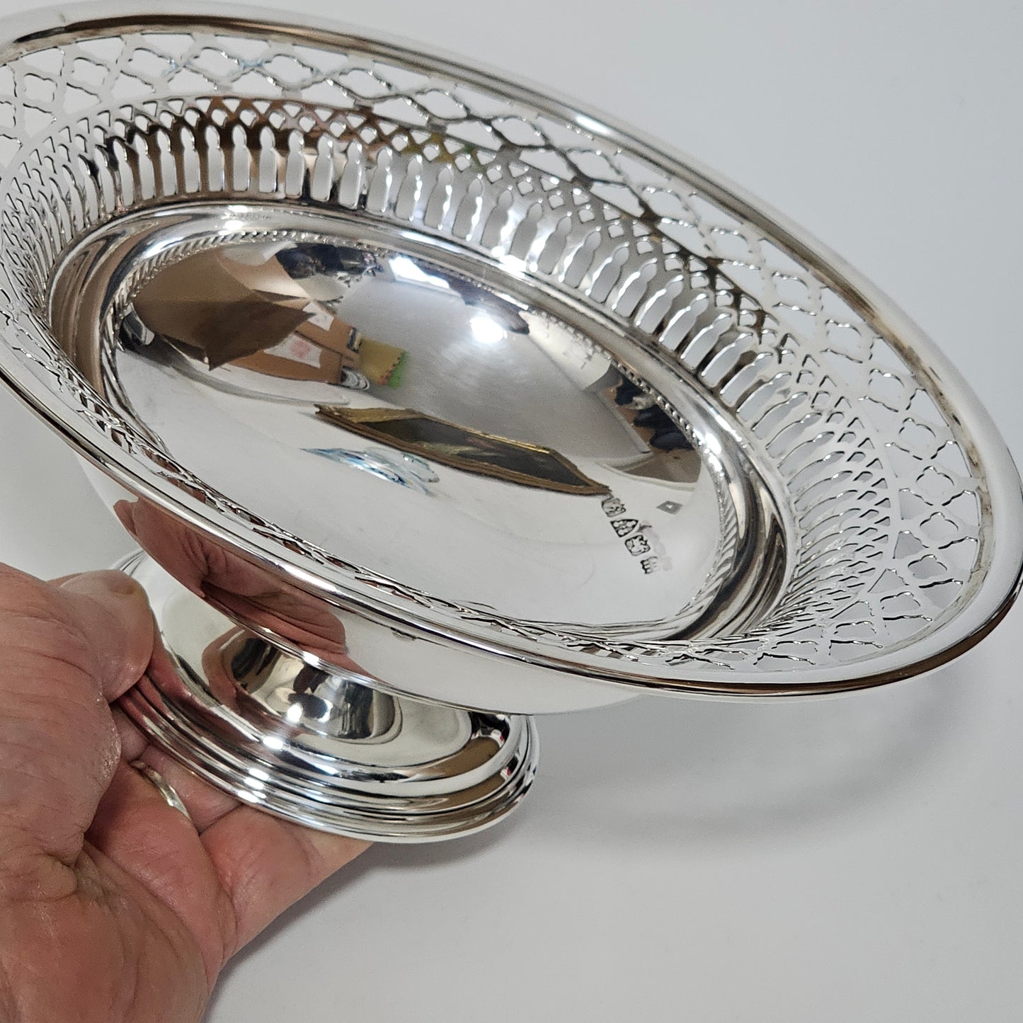 Delightful Silver Fretted Fruit Bowl on Pedestal Foot Barker Brothers 1925