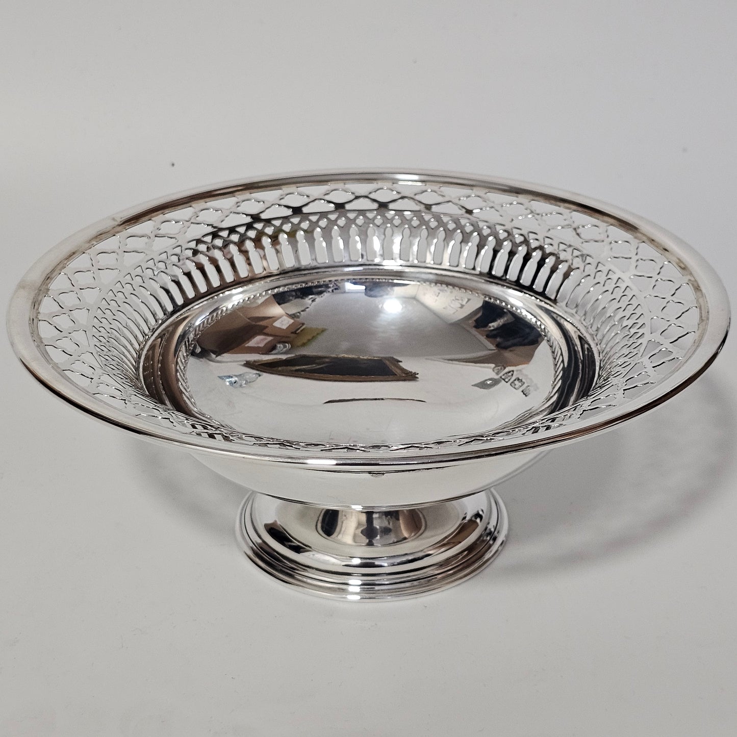 Delightful Silver Fretted Fruit Bowl on Pedestal Foot Barker Brothers 1925