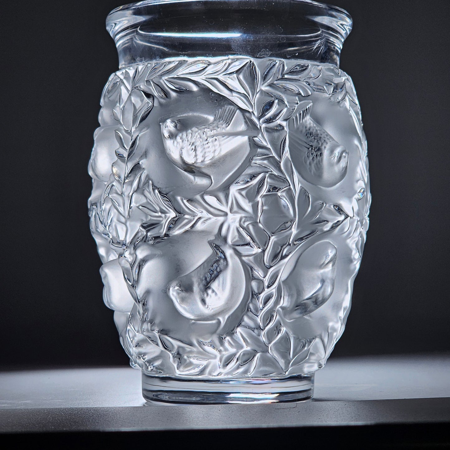 C1939 René Lalique Bagetelle Vase Deeply Moulded Birds Tree Signed 17.3cm Vgc