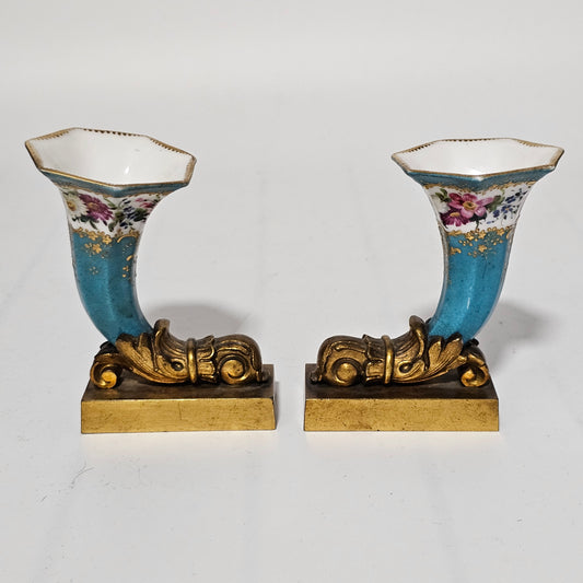 French 19thc Sevres Cornucopia Table Vases Mounted in Bronze Ormolu Mounts c1870