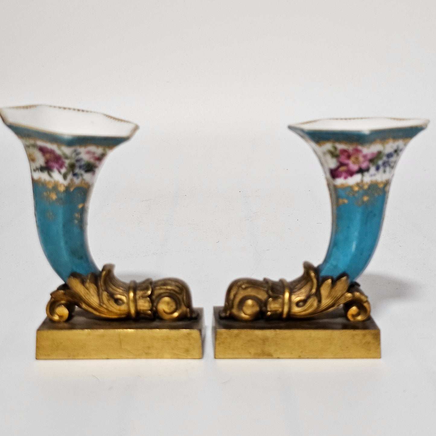 French 19thc Sevres Cornucopia Table Vases Mounted in Bronze Ormolu Mounts c1870