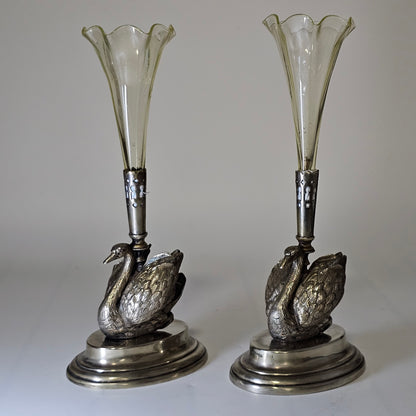 Unusual Pr Silver Plated Swan & Glass Epergnes c1880