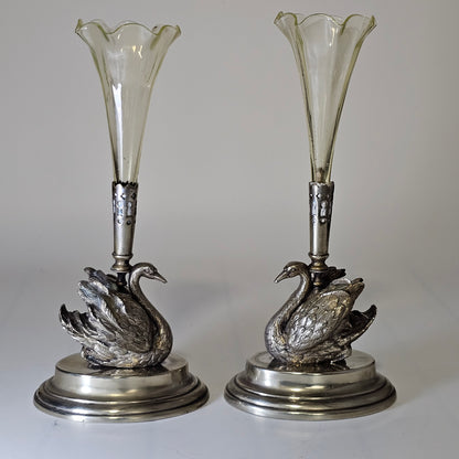 Unusual Pr Silver Plated Swan & Glass Epergnes c1880