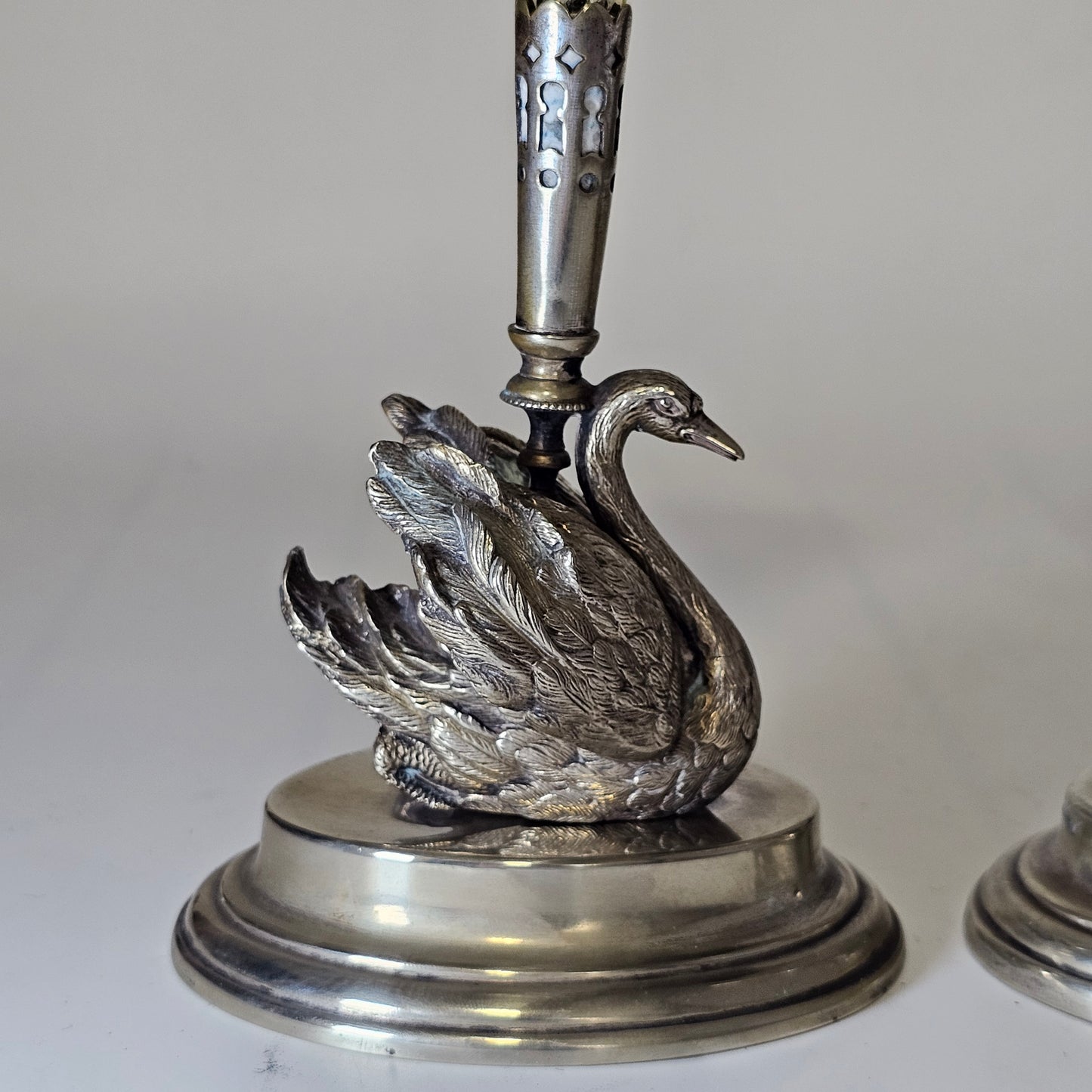 Unusual Pr Silver Plated Swan & Glass Epergnes c1880