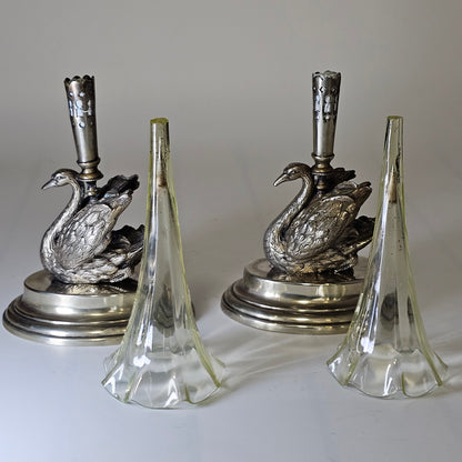 Unusual Pr Silver Plated Swan & Glass Epergnes c1880