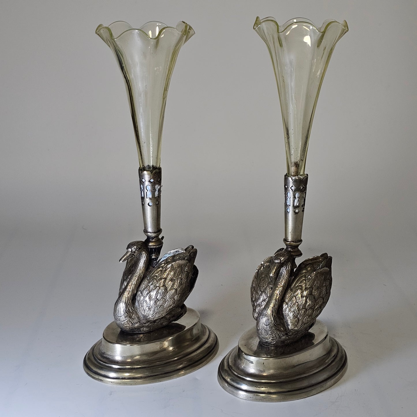 Unusual Pr Silver Plated Swan & Glass Epergnes c1880