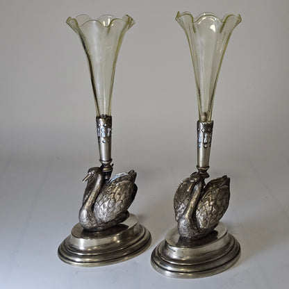 Unusual Pr Silver Plated Swan & Glass Epergnes c1880