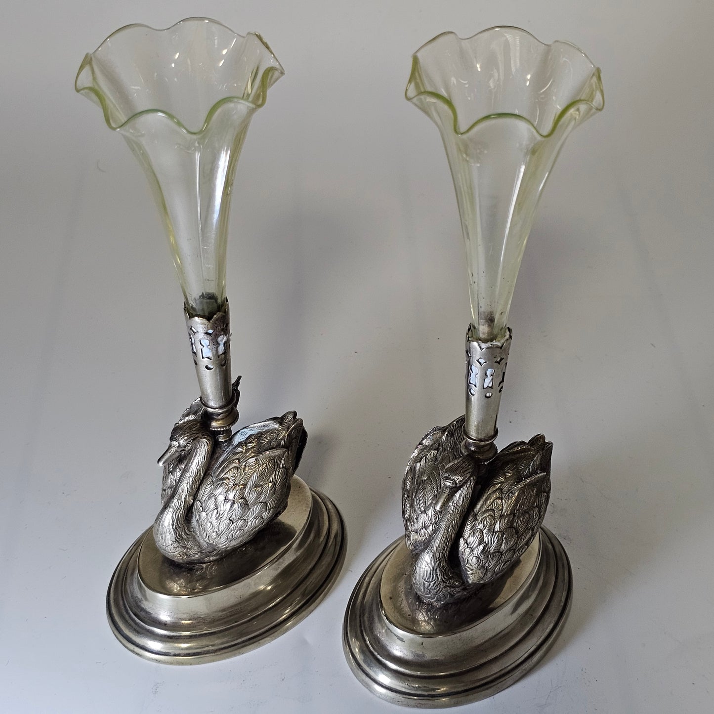 Unusual Pr Silver Plated Swan & Glass Epergnes c1880