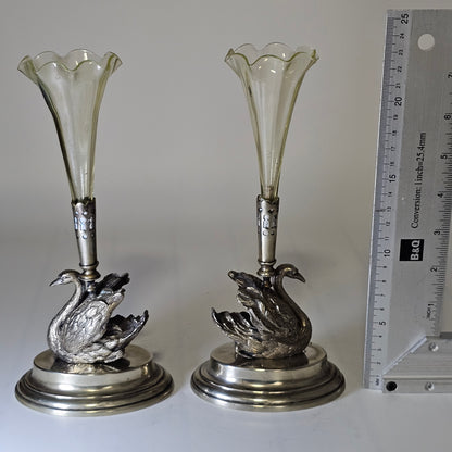 Unusual Pr Silver Plated Swan & Glass Epergnes c1880