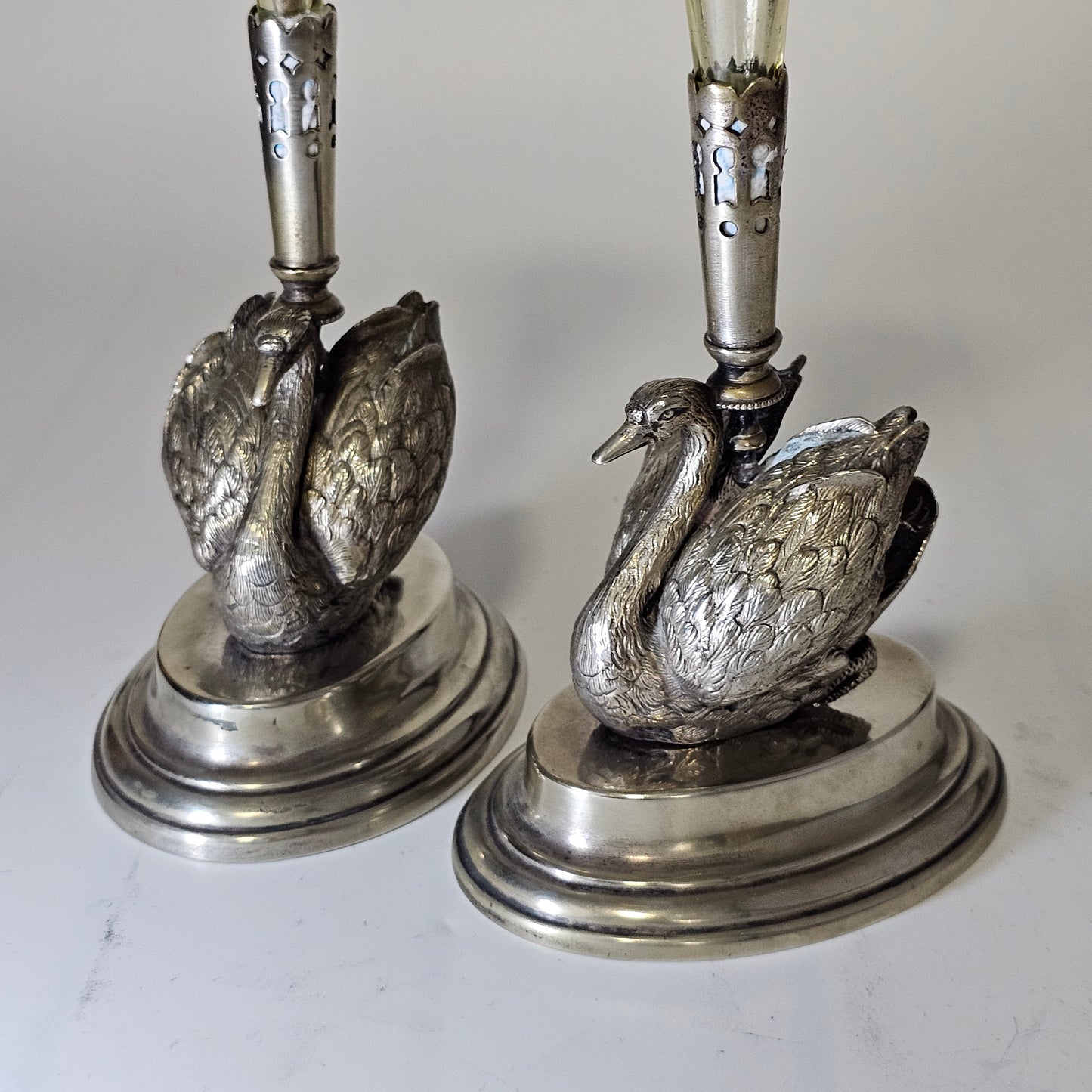 Unusual Pr Silver Plated Swan & Glass Epergnes c1880