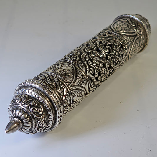Mid-19th Century Ornate Silver Scroll Holder, Moroccan Jewish Judaica Antique