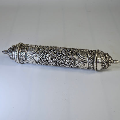 Mid-19th Century Ornate Silver Scroll Holder, Moroccan Jewish Judaica Antique