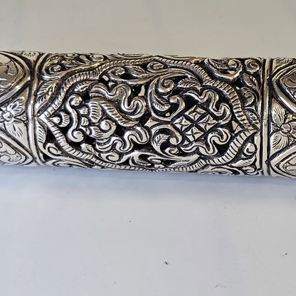 Mid-19th Century Ornate Silver Scroll Holder, Moroccan Jewish Judaica Antique