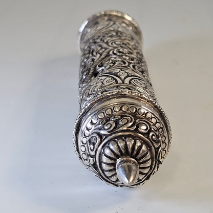 Mid-19th Century Ornate Silver Scroll Holder, Moroccan Jewish Judaica Antique