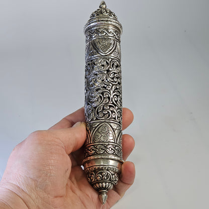Mid-19th Century Ornate Silver Scroll Holder, Moroccan Jewish Judaica Antique