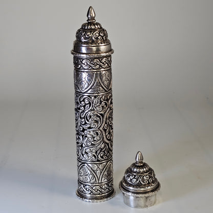 Mid-19th Century Ornate Silver Scroll Holder, Moroccan Jewish Judaica Antique