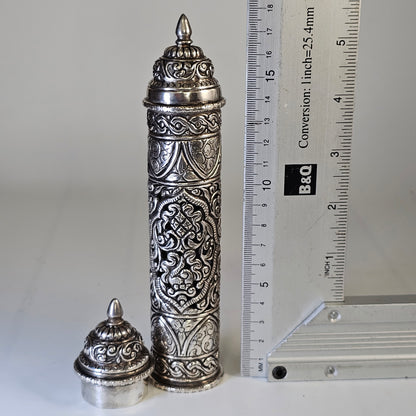 Mid-19th Century Ornate Silver Scroll Holder, Moroccan Jewish Judaica Antique