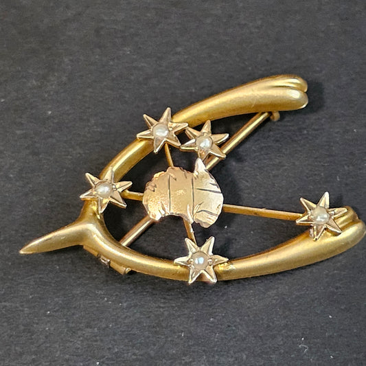 Antique 9ct gold wishbone brooch with Inset Pearls 4cm