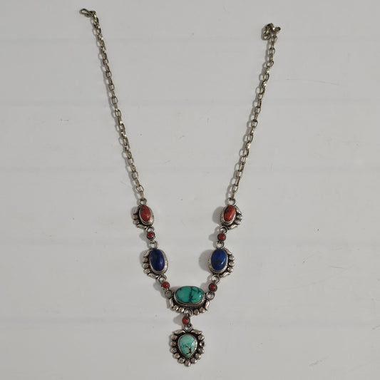 Vintage Mexican Silver, Turquoise, Lapis & Carnelian Necklace
