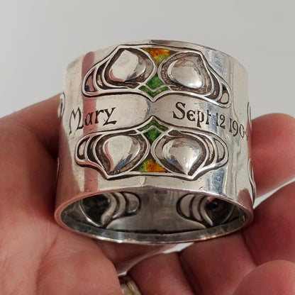 Superb, Rare Enamelled Art Nouveau Liberty & Co. Sterl Silver Napkin Ring c1904