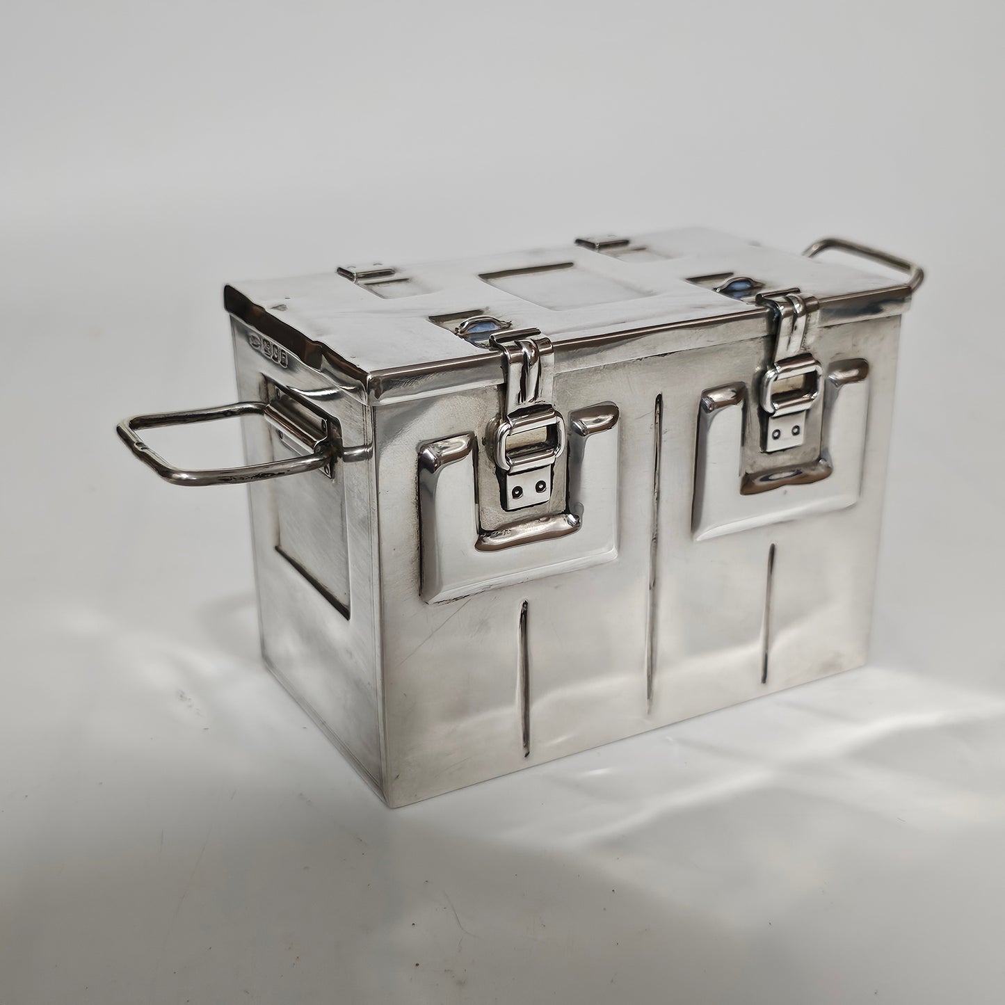 Very Fine and Unusual Silver Casket Modelled as a Coffer for Cigarettes c1941