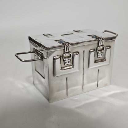 Very Fine and Unusual Silver Casket Modelled as a Coffer for Cigarettes c1941