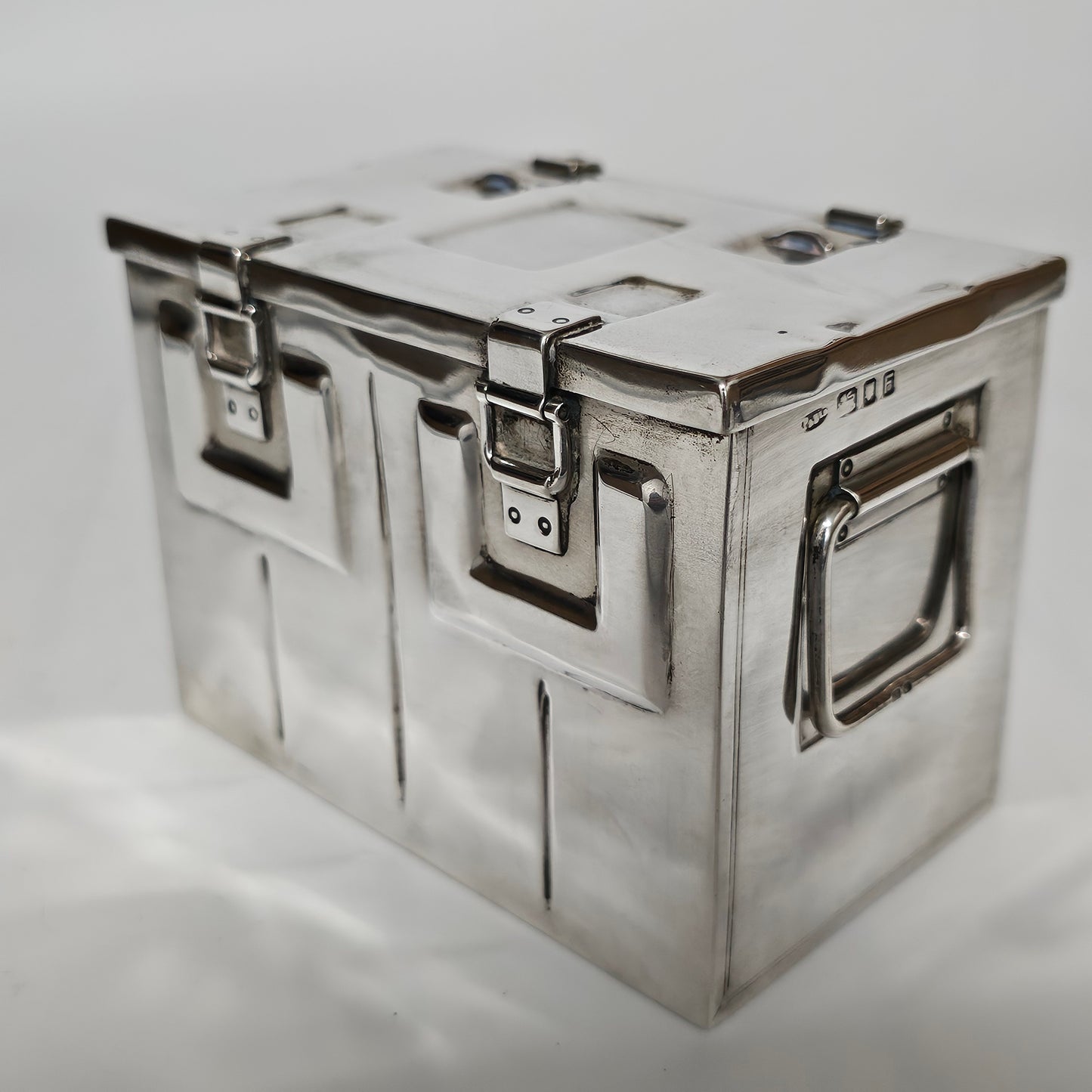Very Fine and Unusual Silver Casket Modelled as a Coffer for Cigarettes c1941