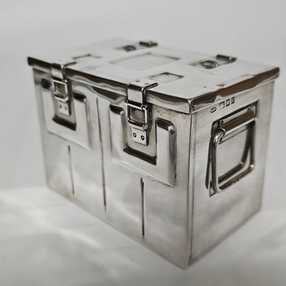 Very Fine and Unusual Silver Casket Modelled as a Coffer for Cigarettes c1941