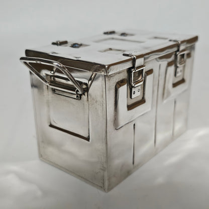 Very Fine and Unusual Silver Casket Modelled as a Coffer for Cigarettes c1941