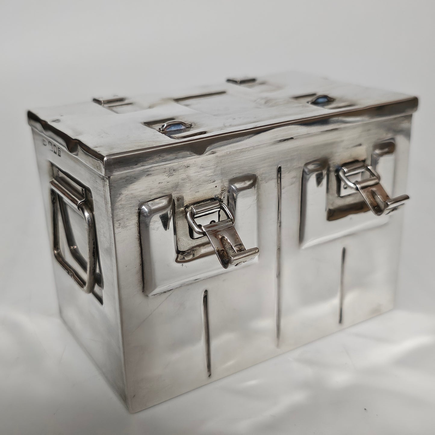 Very Fine and Unusual Silver Casket Modelled as a Coffer for Cigarettes c1941