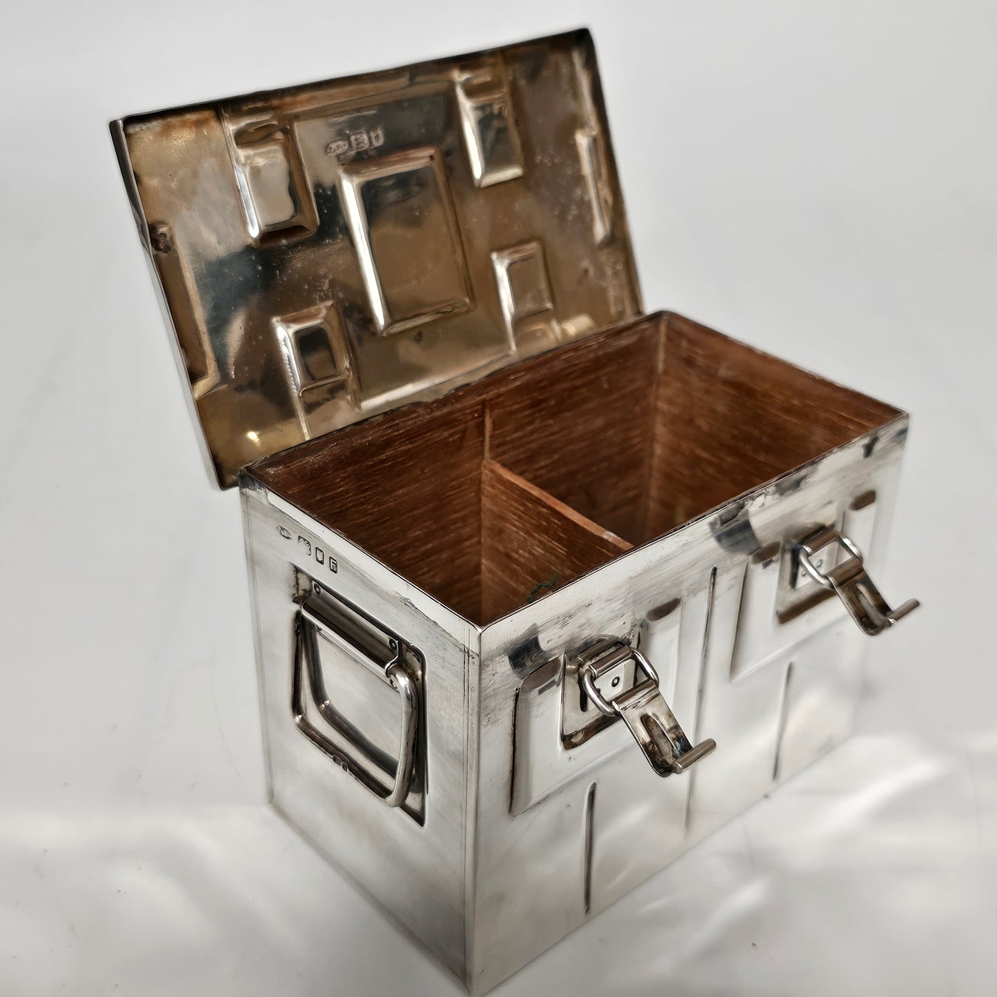 Very Fine and Unusual Silver Casket Modelled as a Coffer for Cigarettes c1941