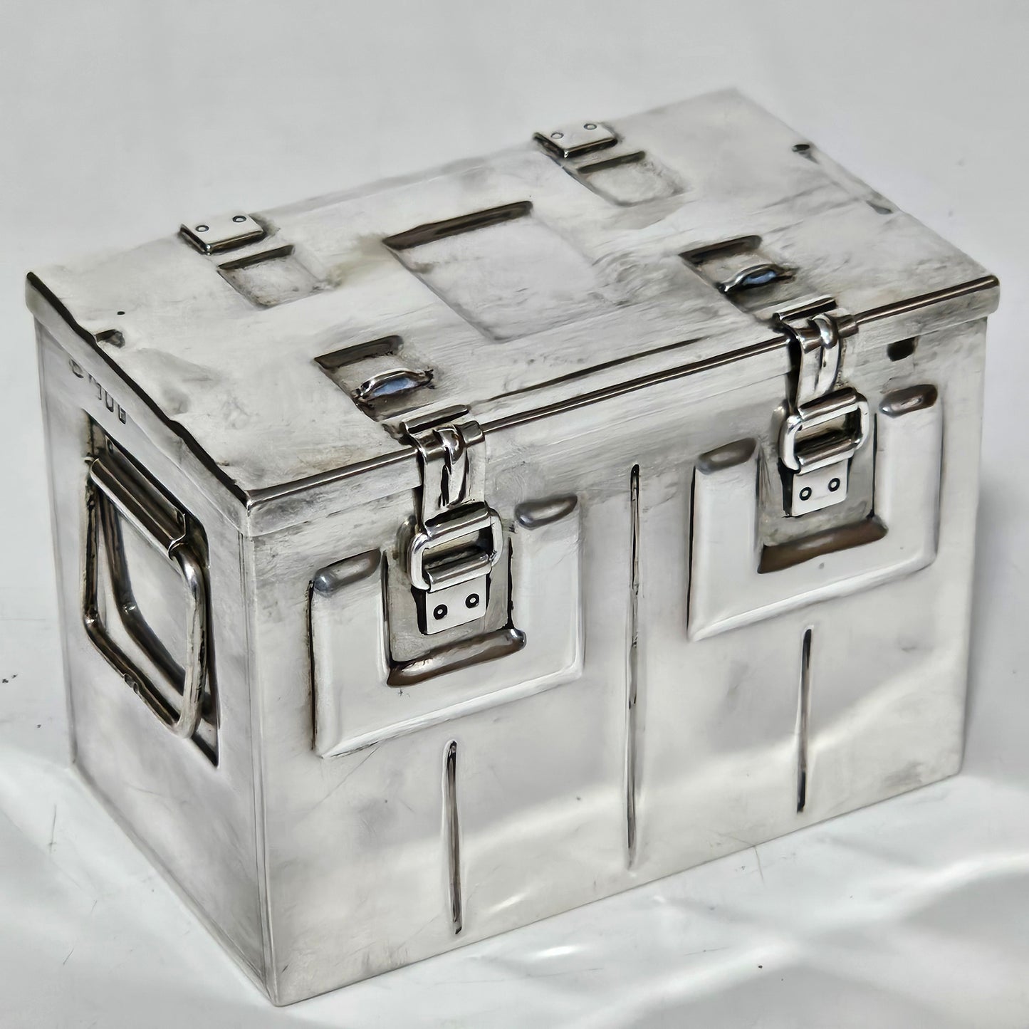 Very Fine and Unusual Silver Casket Modelled as a Coffer for Cigarettes c1941