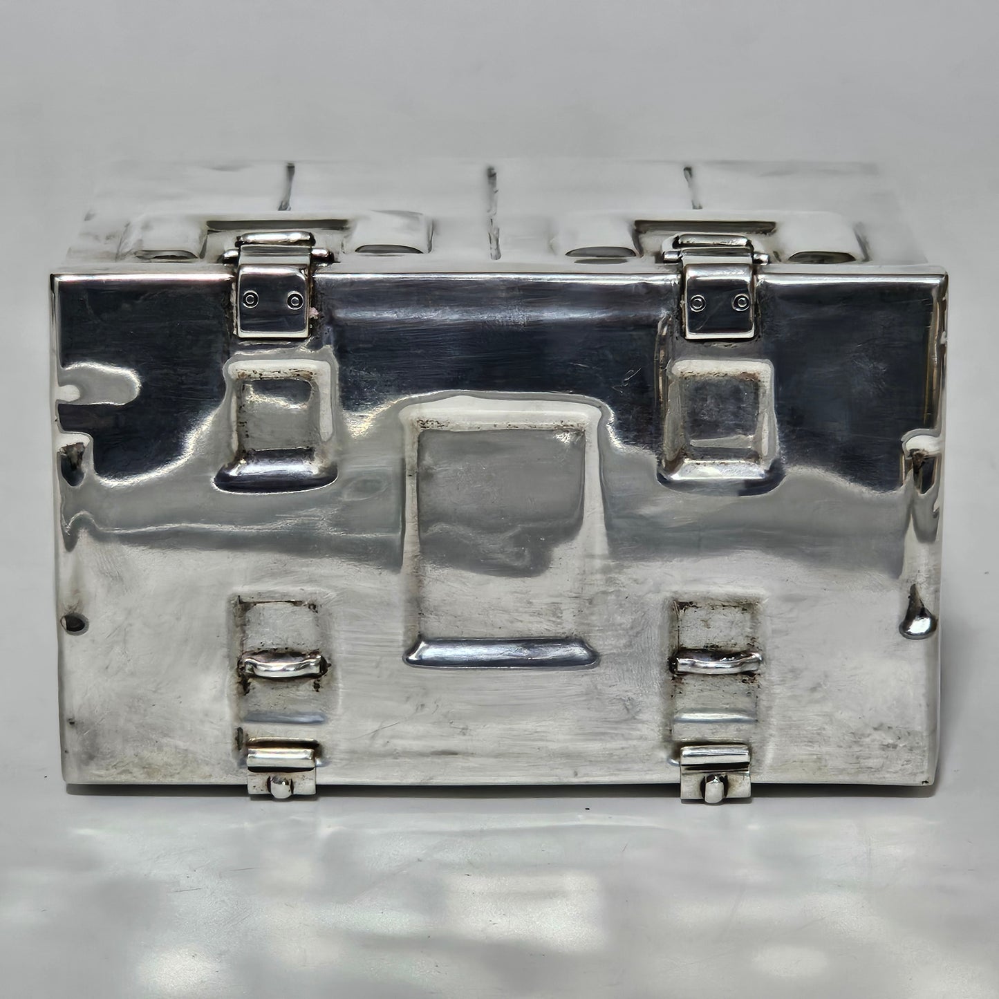 Very Fine and Unusual Silver Casket Modelled as a Coffer for Cigarettes c1941