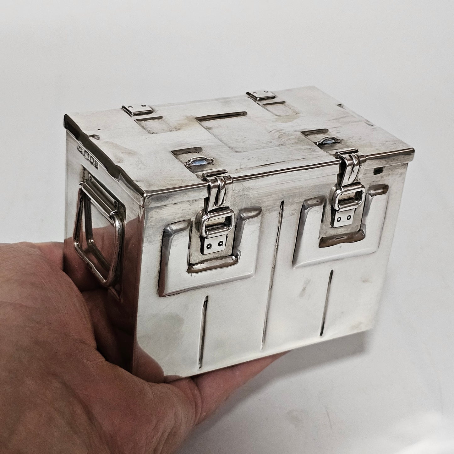 Very Fine and Unusual Silver Casket Modelled as a Coffer for Cigarettes c1941