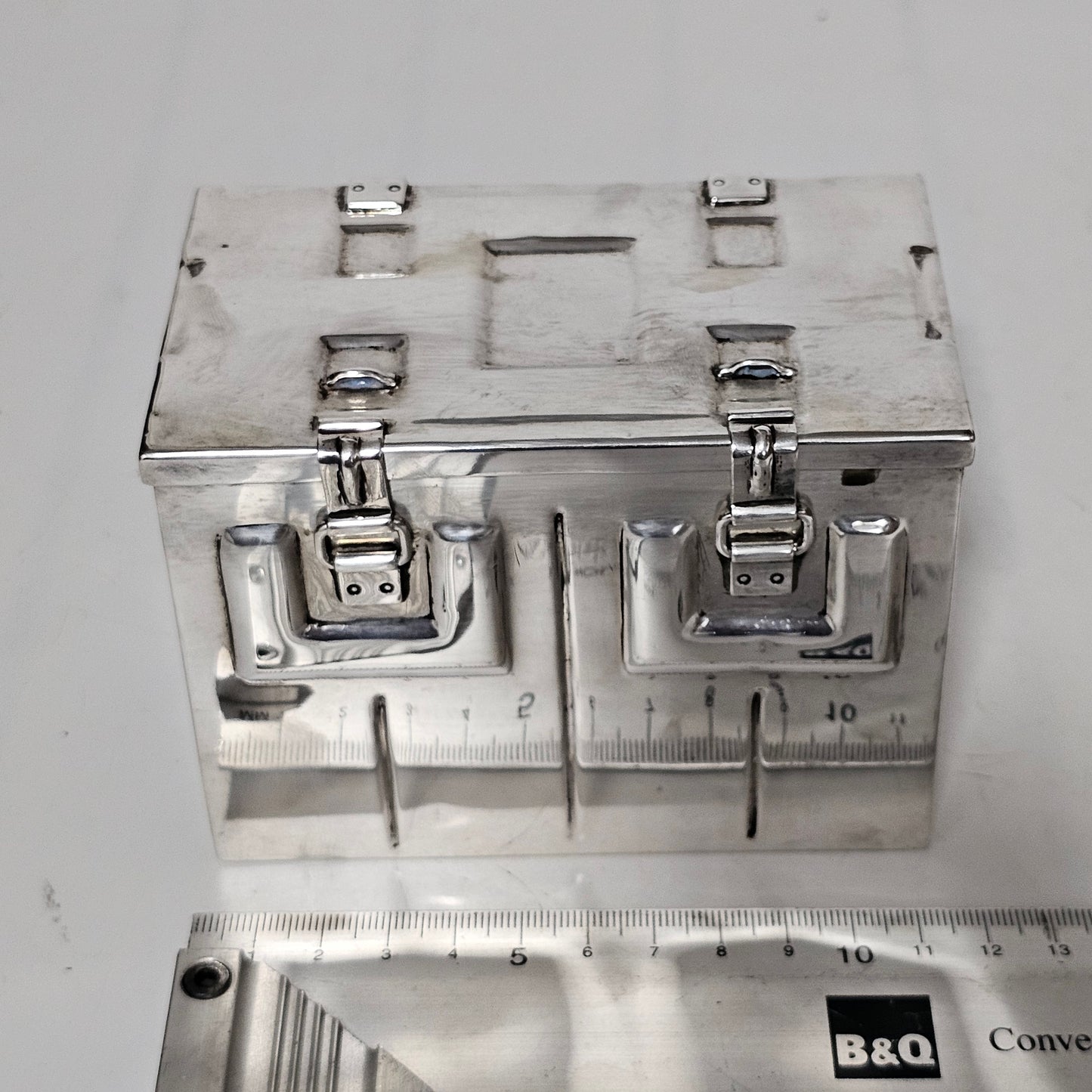 Very Fine and Unusual Silver Casket Modelled as a Coffer for Cigarettes c1941