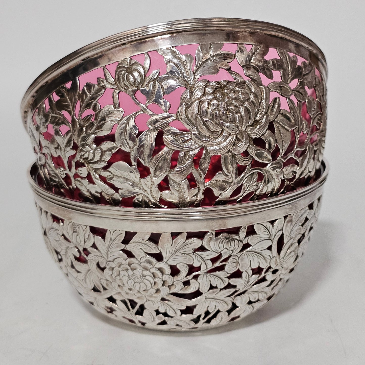 Stunning Pair Of Chinese Silver Bowls With Pink Glass Liners By Wang Hing C1900