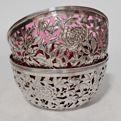 Stunning Pair Of Chinese Silver Bowls With Pink Glass Liners By Wang Hing C1900