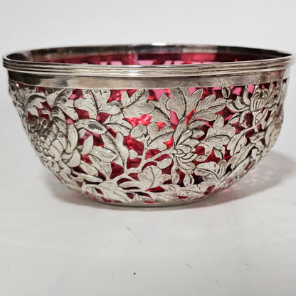 Stunning Pair Of Chinese Silver Bowls With Pink Glass Liners By Wang Hing C1900