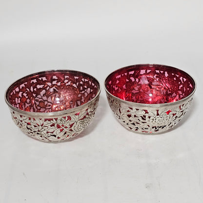 Stunning Pair Of Chinese Silver Bowls With Pink Glass Liners By Wang Hing C1900