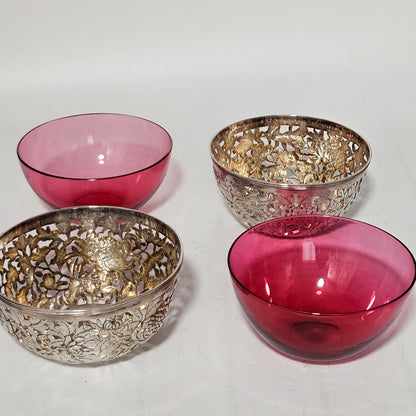 Stunning Pair Of Chinese Silver Bowls With Pink Glass Liners By Wang Hing C1900