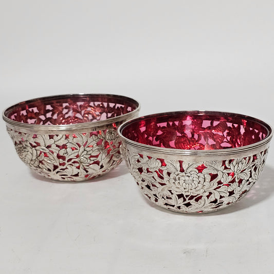 Stunning Pair Of Chinese Silver Bowls With Pink Glass Liners By Wang Hing C1900