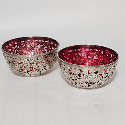 Stunning Pair Of Chinese Silver Bowls With Pink Glass Liners By Wang Hing C1900