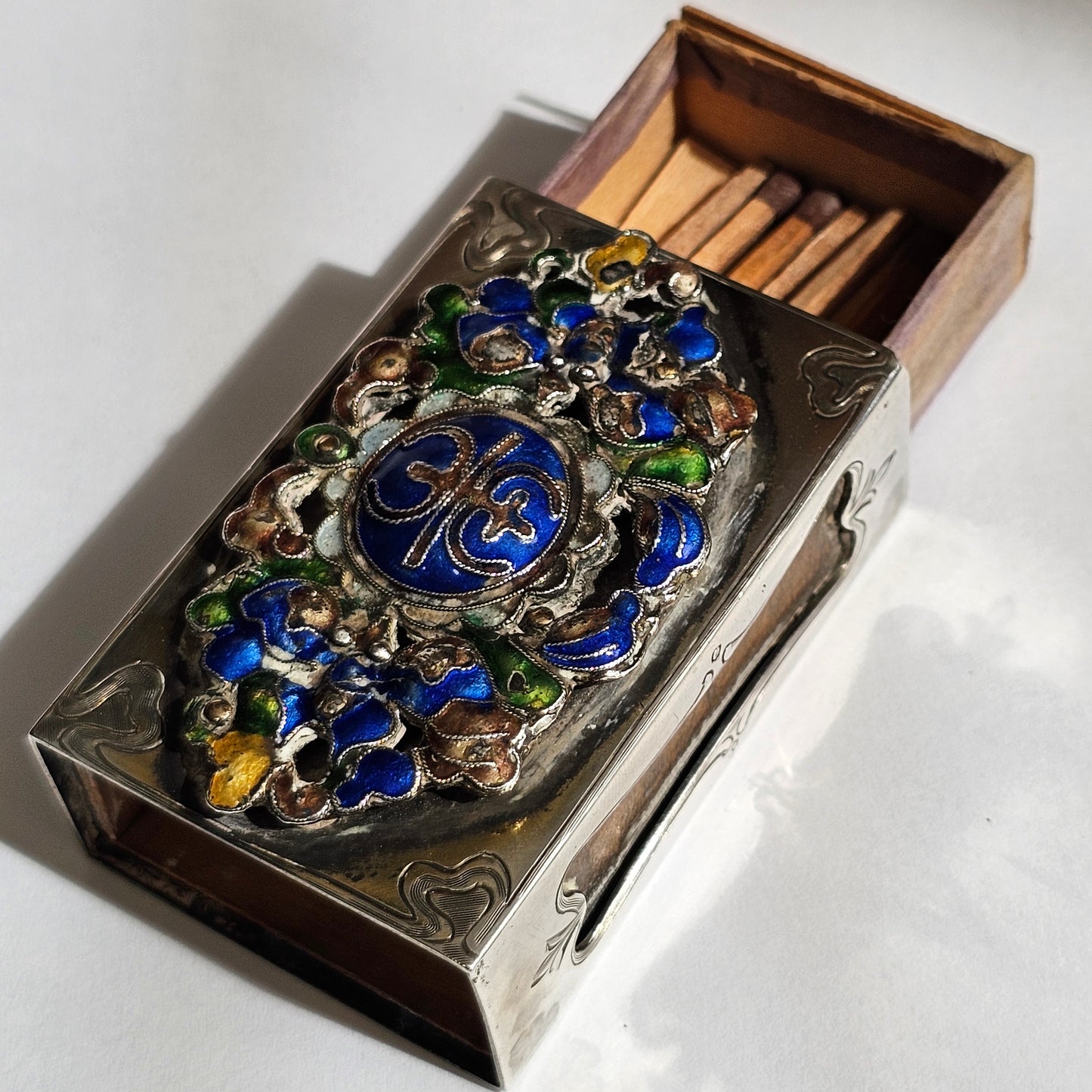Fabulous Stg Silver & Enamelled Plaque Matchbox Holder - Edward I. Farmer, New York.