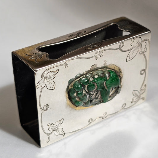 Fine Rare Edward I. Farmer Sterling Silver Matchbox Holder with Jade Plaque