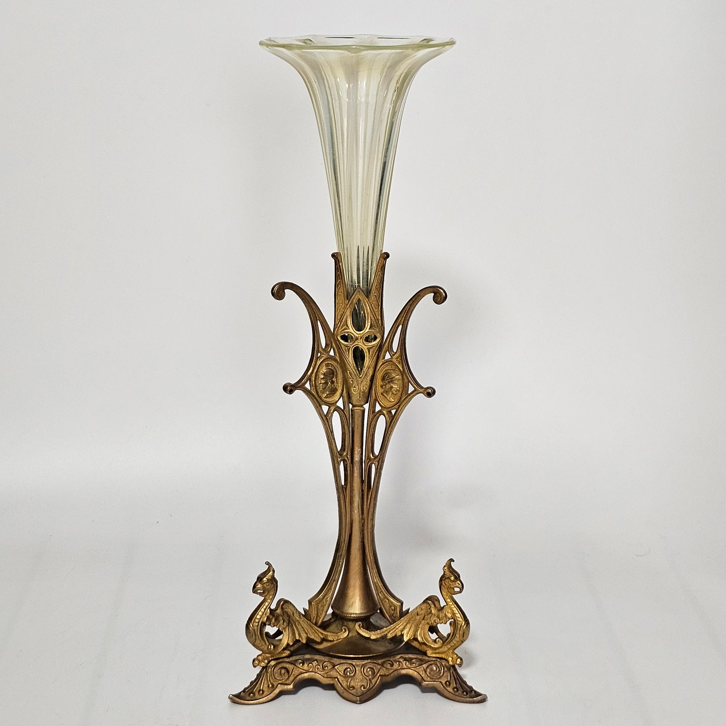 Victorian 1890S Uranium Glass Epergne Vase With A Gilt Bronze Base/Holder